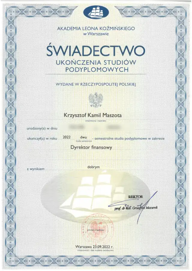 Świadectwo ukończenia studiów podyplomowych Dyrektor finansowy, Akademia Leona Koźmińskiego, Krzysztof Maszota